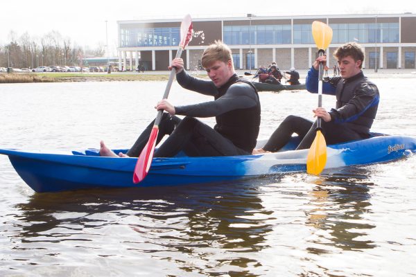 Two boys in double Kayak at South Lake Watersports